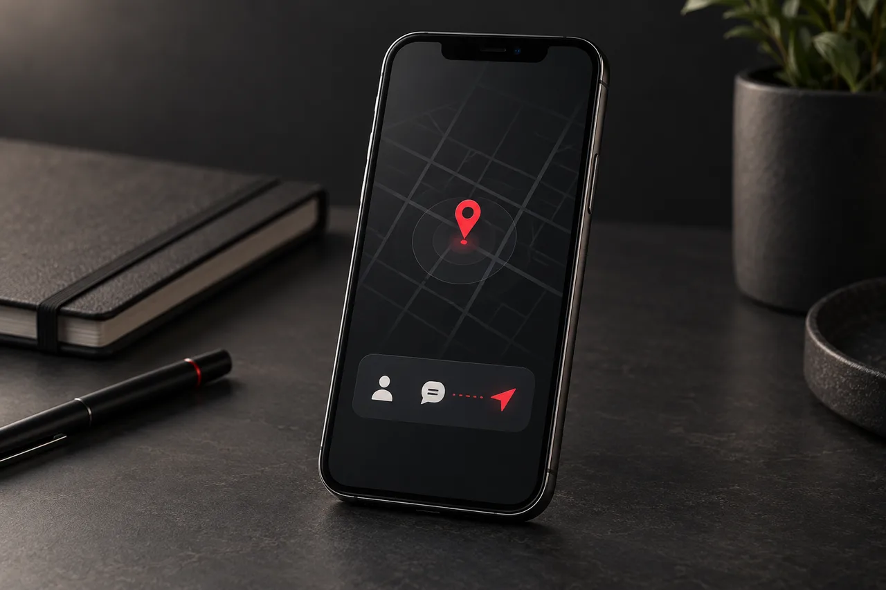 Illustration de VOLGuard en utilisation : un iPhone transmet une alerte et des informations utiles à un contact de confiance.